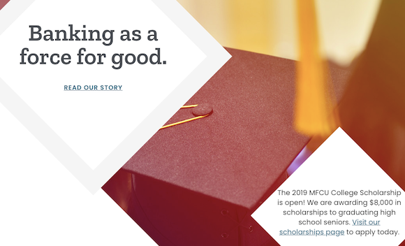 Screenshot of a website — the header image is a white man sitting at a desk smiling at a coworker. The header text reads: We specialize in strategy and using qualitative results, so there's substance behind the screen.
